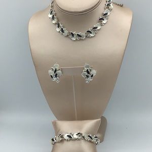 Vintage Silver tone Black enamel & Mother of Pearl Parure Set